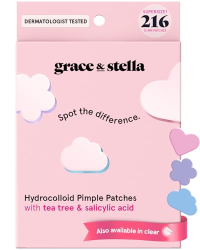 grace & stella Award Winning Pimple Patches for Face - Dermatologist Tested Acne Patches - Hydrocolloid Patch for Breakouts, Whiteheads - Vegan Acne Spot Treatment for Face (Multishape, 216 Count)