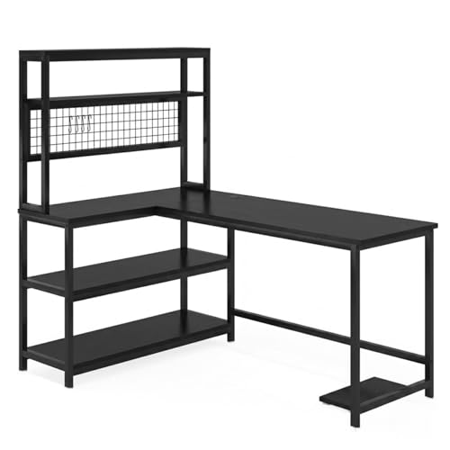 Image of L Shaped Table | Wooden Office Table with Bookshelf | Computer Desk with Storage Shelves for Home & Office | Modern Workstation Desk for Laptop, Study & Work from Home Setup | Black | 140x50x150 cm