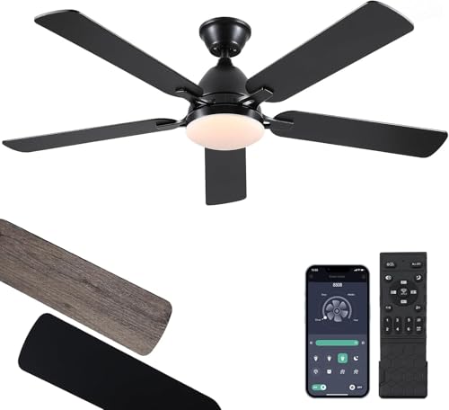 Shanggu Ventilador de techo de 132 cm con luces y mando a distancia/APP - Ventilador de techo negro de montaje empotrado con luz LED regulable