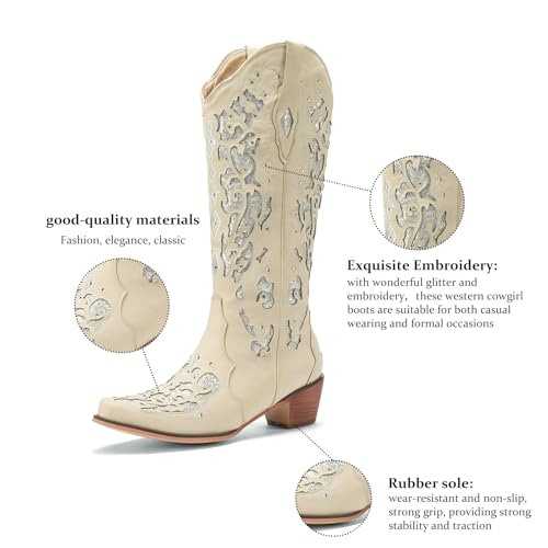 Image of LingxiaUne White Cowboy Boots for Women, Cowgirl Boots Comfortable Chunky Heel Rhinestone Wedding Boots Trendy Vintage Tall Glitter Boots with Embroidery for Daily Wearing| Party Size8