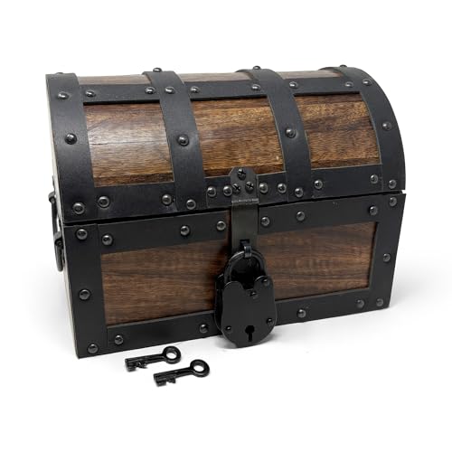 Nautical Cove Handmade Wooden Treasure Chest Storage Box – Deluxe Design with Real Leather Accents, Working Iron Lock & Skeleton Keys, Decorative Keepsake Chest (Medium - 10 x 7 x 7) by Nautical Cove - Used condition - US$41.57