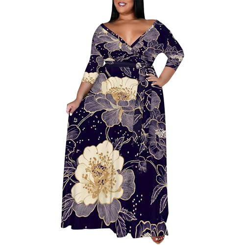 Image of SUZONANA Women's Plus Size Maxi Dresses Casual Loose Short Sleeve Long Maxi Dress with Belt Wedding