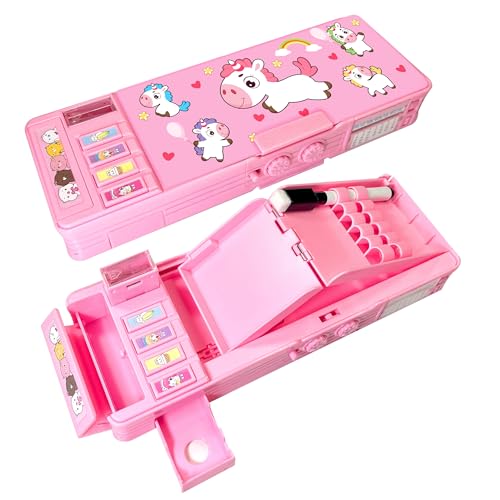 LilyBeauty Pop Up Estuche Multifuncional para Niñas y Niños, Linda Caja de Lápices con Dibujos Animados, Organizador de Artículos de Papelería, Sacapuntas, Horario, Pizarra, Material Escolar para