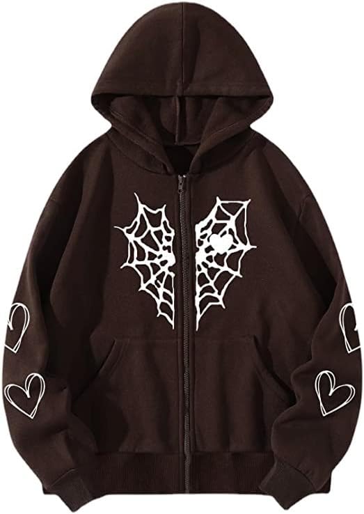 Y2K Gothic Spider Web Heart-shaped Print Hoodied Pullover Punk Zip Up Jacket Coat Harajuku Loose Oversized Streetwear - Image 6