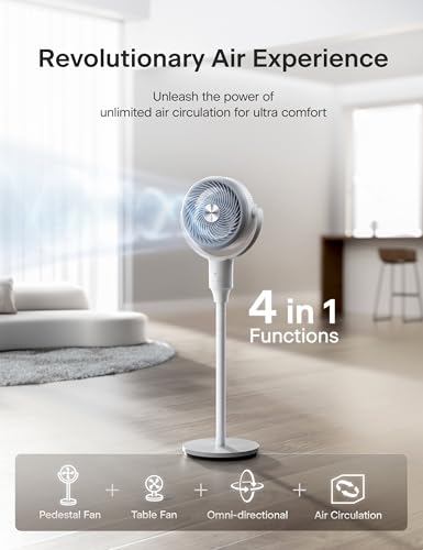 PELONIS Pedestal Fan, Air Circulator, Ultra OmniFlow (135°+90°Auto Oscillation), Quiet Floor Fan with 3 Speeds, Remote, 7H Timer, Memory Function, Adjustable Height, Standing Fan for Bedroom