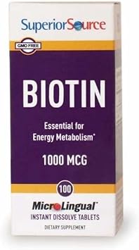 Superior Source Biotin 1000 mcg. Under The Tongue Quick Dissolve MicroLingual Tablets, 100 Count, Supports Healthy Hair, Skin, and Nail Growth, Helps Support Energy Metabolism, Non-GMO (Pack of 2)