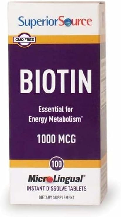 Superior Source Biotin 1000 mcg. Under The Tongue Quick Dissolve MicroLingual Tablets, 100 Count, Supports Healthy Hair, Skin, and Nail Growth, Helps Support Energy Metabolism, Non-GMO (Pack of 2)