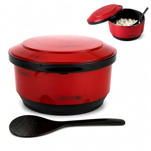 JapanBargain 2075, Rice Serving Bowl with Lid and Rice Paddle Scoop Japanese Ohitsu Chinese Asian Restaurant Rice Container for 3-5 Serving, Red