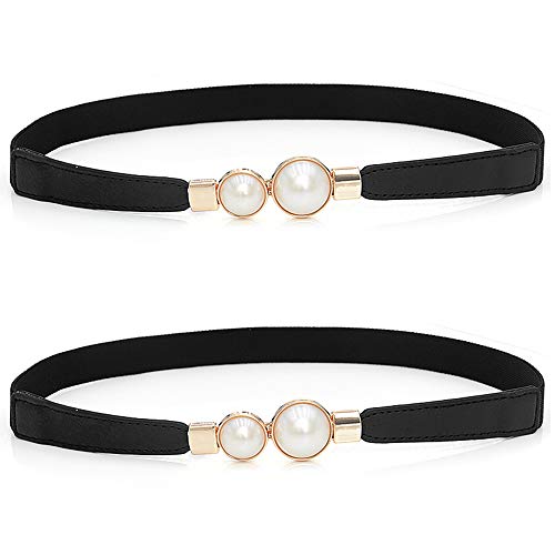 2 Pack Women Retro Elastic Stretch Belt for Dresses Pearl Metal Buckle Skinny Waist Belt Waistband 2cm Wide