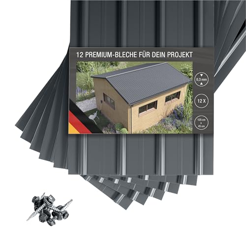 SMART 12 Stück Trapez-Abdeckblech Profilblech Premium-Blech Stärke 0,3 mm 125 x 45 cm 6,75 m² inkl. Schrauben (Grau)