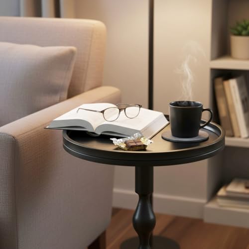 ZEXVIDA Small Round Drink Table,Pedestal Tables,Small Round Side Table for Narrow Spaces,End Table for Living Room, Bedroom, Bathroom,Balcony (Black)