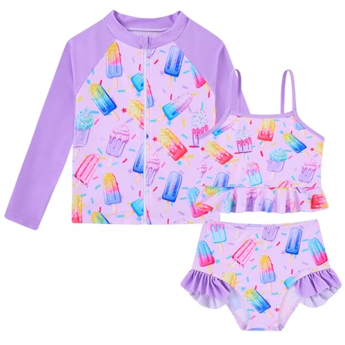 Image of Funnycokid Girls Swimsuit Kids Bathing Suit Rashguard Swimwear Long Sleeve 3 Piece Toddler 3-7 Years