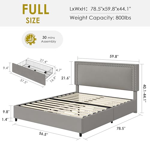 Image of VECELO Full Size Upholstered Bed Frames with 4 Storage Drawers, Adjustable Velvet Rivet Decor Headboard, Wooden Slats Platform Support, No Box Spring Needed, Easy Assembly,Dark Grey