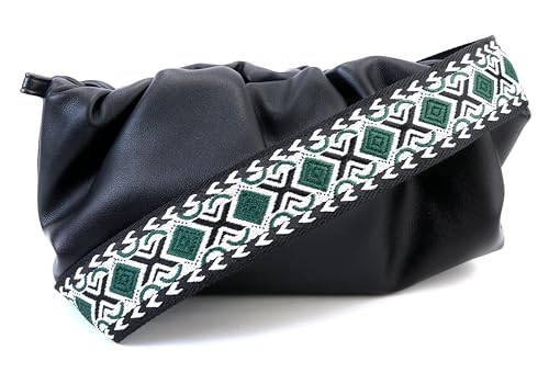 Image of Black Green Boho Diamond Purse Strap with Matte Black Hardware 2 Inch Wide Replacement Crossbody Guitar Style Shoulder Strap for Handbags Totes