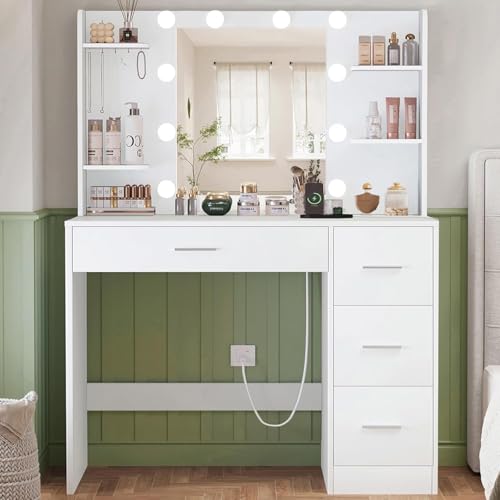 TEENFON Schminktisch mit Spiegel und Beleuchtung, Make-up Schminktische mit Steckdose, Schminktisch...