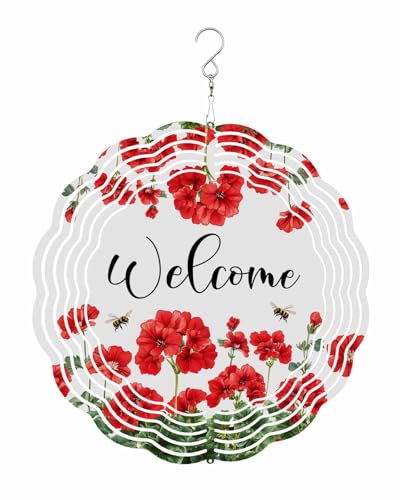 Idyllic Wind Spinners, Red Flowers Green Leaves Hanging Wind Spinners for Yard and Garden 3D Stainless Steel Metal Sculptures Crafts Ornaments 10 Inch