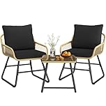 Yaheetech 3 Pieces Bistro Set, Outdoor PE Wicker Chairs with Washable Cushions and Tempered Glass Table, Patio Conversation Set for Backyard, Poolside, Balcony, Porch, Tan/Black