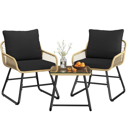 Abician 3 Pièces Salon de Jardin Exterieur en Polyrotin, 2 Personnes Ensemble Mobilier avec 2 Fauteuils et 1 Table Basse Plateau en Verre Trempé pour Patio...