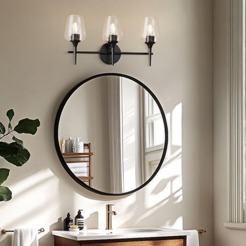 Image of Black Vanity Light 3-Light Modern Farmhouse Bathroom Light Fixture with Wine Glass Shades for 24 Inch Mirror, Wall Sconce for Hallway Bedroom