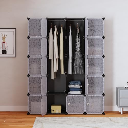 Mondeer 35x45cm Regalsystem Kleiderschrank, 20 Würfel Wardrobe mit 3 Kleiderstangen, Stapelbar Faltschrank, für Schlafzimmer Kleidung Spielzeug