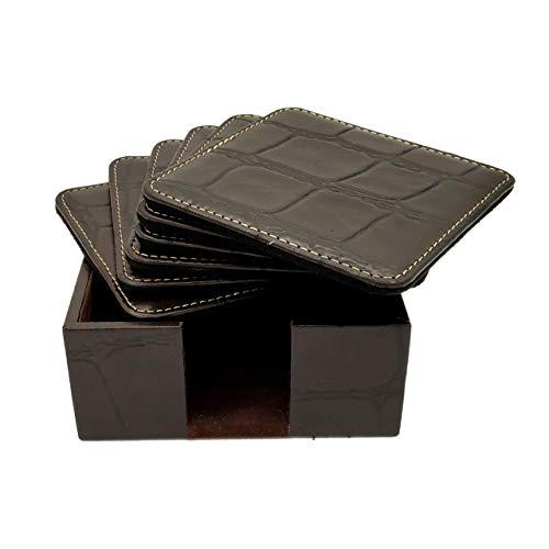 Image of Genuine Leather Square Shaped Coasters Set of 6| Heat-Resistant, Durable & Non-Slip Coasters for Home & Office I Perfect for Any Beverage (Color - Brown)