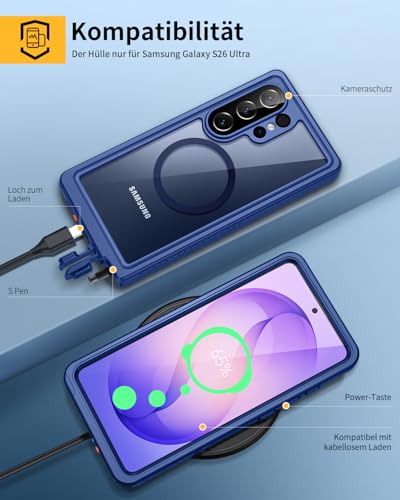 Lanhiem für Samsung Galaxy S26 Ultra Hülle, IP68 Wasserdicht Kompatibel mit Magsafe Handyhülle Samsung S26 Ultra 5G 360 Grad Stoßfest Staubdicht Sturzfest Outdoor mit Displayschutz, Blau