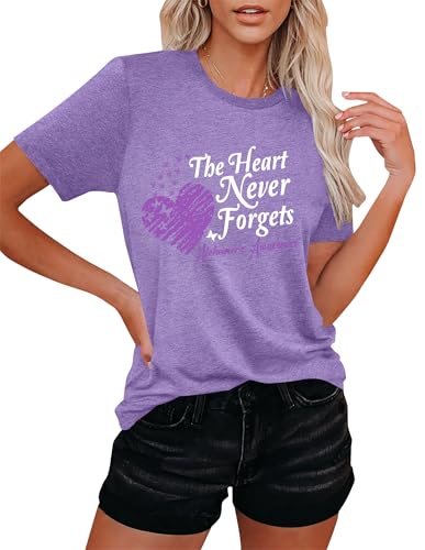 Alzheimers Awareness Shirts Women The Heart Never Forgets T-Shirt Graphic Alzheimers Gifts Tees Casual Tops2