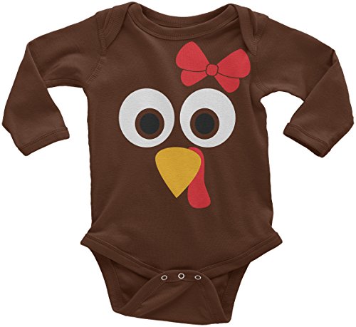 Threadrock Baby Girls' Turkey Face with Big Red Bow Long Sleeve Infant Bodysuit 6-12 Months Brown