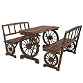 Outsunny Outdoor Table and Chairs for 4 People, Wooden Patio Table and Dining Bench Set, 3 Piece All Weather Furniture Set with Wagon Wheel Design for Backyard Garden, Deck, Carbonized