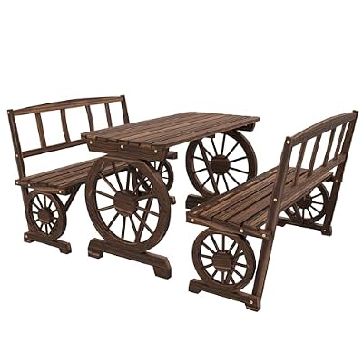 Outsunny Outdoor Table and Chairs for 4 People, Wooden Patio Table and Dining Bench Set, 3 Piece All Weather Furniture Set with Wagon Wheel Design for Backyard Garden, Deck, Carbonized