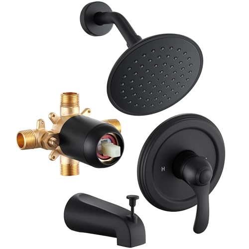 FROPO Black Tub Shower Faucet Set with (Valve Included) - 6 Inch Shower Head and Handle Set Matte