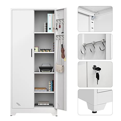 Lecut Metal Garage Storage Cabinet With Locking Doors And 4 Shelves Tool Kitchen Tall Lockable Storage Cabinets With Adjustable Legs And Keys For Warehouse Basement Home Office File (72.8" H White) #TOP3