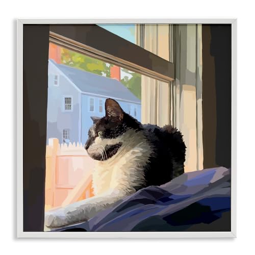 Sunlit Cat Neighborhood Windowsill, 24 x 24 Inch Framed Giclée Print