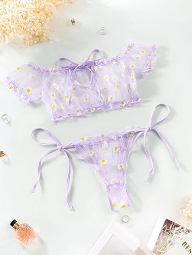 Image of Lilosy Sexy Stretch Ruffle Tie Sheer Mesh Lingerie Set Outfits 2 Piece Women Kawaii Cute See Through Matching Bra Panty Underwear Flower Lavender Purple Medium