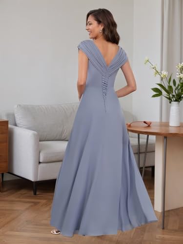 Tea Length Mother of Bride Dresses Long Ruchd V Neck Formal Wedding Guest Dress for Women3