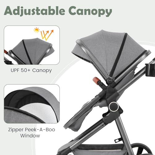 Image of INFANS 2 in 1 Baby Stroller, Newborn Convertible Stroller Bassinet for Infant, Foldable High Landscape Shock Absorption with Reversible Seat, Aluminum Structure for Toddler Pushchair 0-36 Month