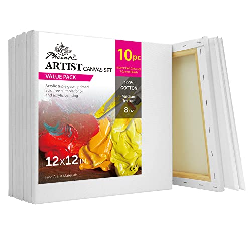 PHOENIX 12x12 Inch / 8 Pack Stretched Canvas & 2 Pack Canvas Panels for