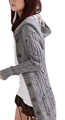 Minetom Womens Cable Knit Sweater With Button Grandfather Long Arm Hooded Gray