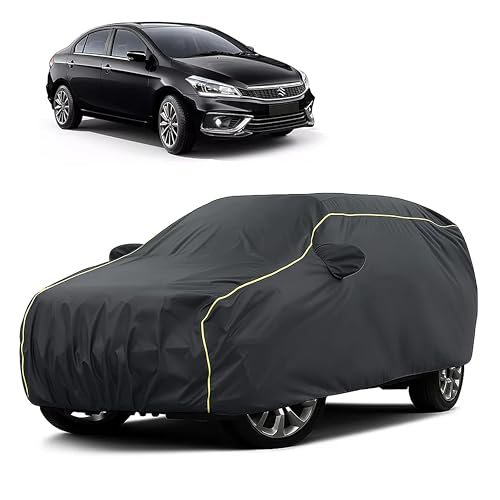 Image of Sulfar 100% Water Resistant Car Body Cover Compatible with Mirror for Maruti Suzuki Ciaz (Triple Stitched, Full Bottom Elastic, Dark Grey Taffeta with Yellow Piping)