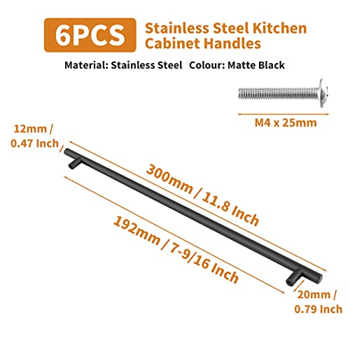 Cjueiom 6 Pack Matt Black Cupboard Handles 192mm Hole Center T Bar Handles, Stainless Steel Drawer Long Wardrobe Door Pulls - Image 3