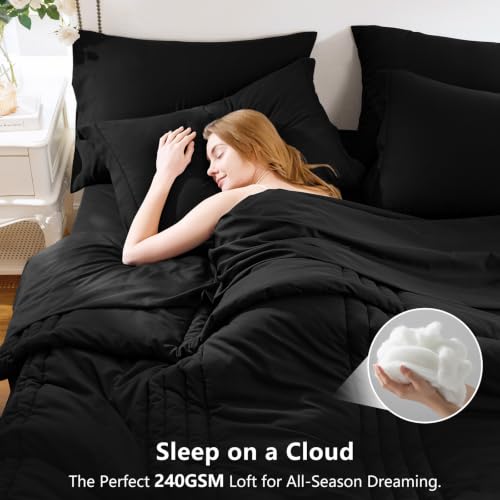 Image of CozyLux Full Size Comforter Sets Black - 7 Pieces Bed in a Bag, Modern Vertical Quilted Room Decor, Soft All-Season Bedding Gift with Comforter, Sheets, Pillowcases & Shams