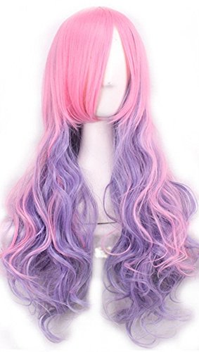 Women's Pink Ombre Cosplay Wig and A Wig Cap, Long Curly Hair Heat Resistant Fiber Wigs Harajuku Lolita Sweet Style for Mermaid/Unicorn Costume- QHQ-ShiningLife wig001PK