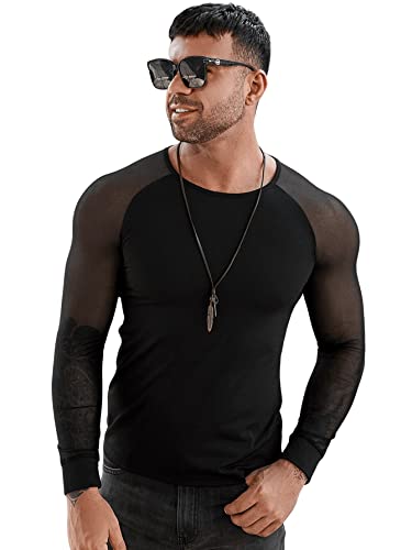 Verdusa Men's Round Neck Mesh Long Sleeve Slim Fit Semi Sheer Tee Shirt Clubwear Top