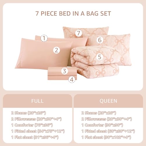 Image of Queen Comforter Set with Sheets for Girls-7 Pieces Bow Bed in A Bag | Soft Jacquard Queen Size Bedding Sets with Blush Comforter, Pillowcases & Shams, 90 inch X 90 inch