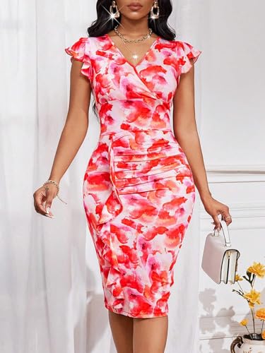 Image of Yajedo Women's Summer Bodycon Midi Dress Print Ruffled Sleeves V Neck Ruched Cocktail Pencil Dress