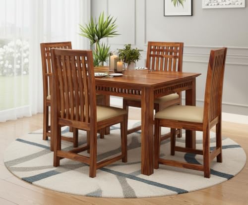Image of AS Arts Sheesham Wood Rectangular 4 Seater Dining Table Set of 4 with Cushioned Chairs for Home & Dining Room | Solid Wood | Natural Honey Finish