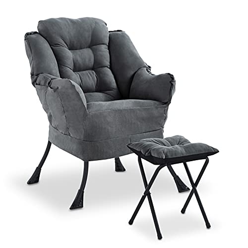 Modern Lazy Chair Single Sofa With Bench, Comfy Armchair Soft Lounge Accent Chair With Footstool/Side Pockets/Thick Cushion For Living Room, Bedroom, Office (Dark Grey) #TOP7