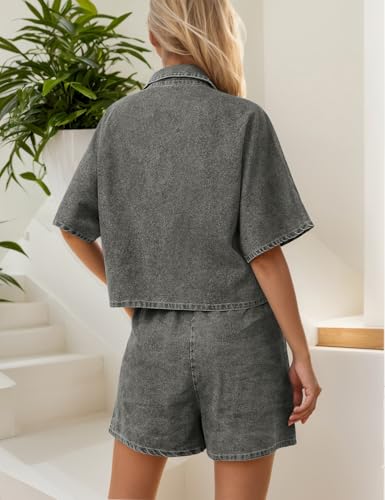 Zilcremo Womens 2 Piece Outfits Summer Denim Sets Short Sleeve Button Down Crop Jean Shirts High Waist Denim Shorts Sets4