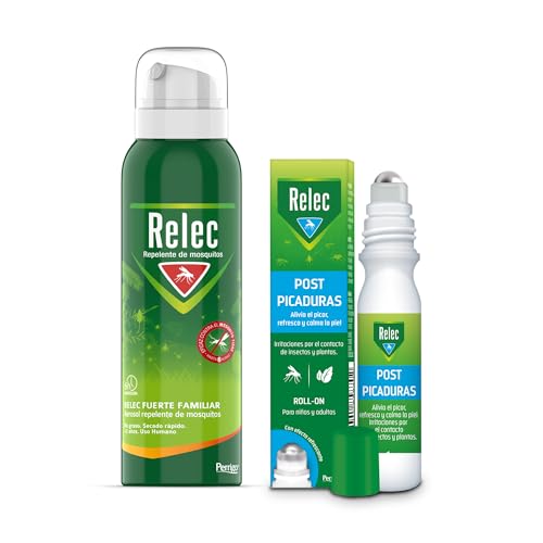 Relec Fuerte Familiar Aerosol Antimosquitos + Roll-on Post Picaduras (Pack 100 ml + 15 ml), Eficaz Contra El Mosquito Tigre, Protección Contra las Picaduras de Mosquitos en Zonas Templadas