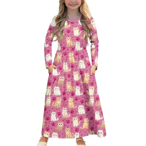 Girls Long Dress Long-Sleeve Swing Ruffle A-Line Dress with Pockets 5-14Y